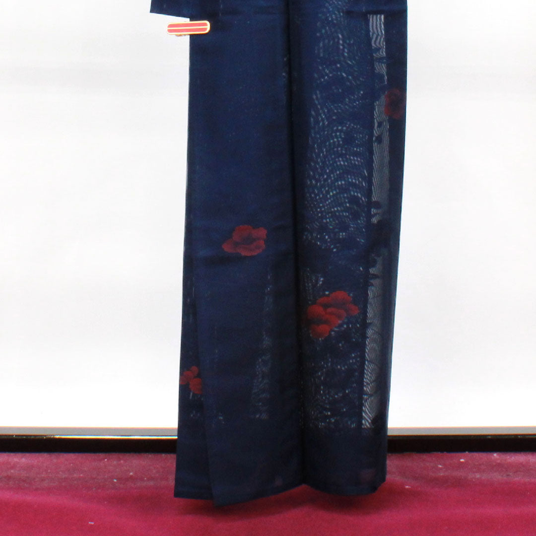 夏物 正絹 小紋 身丈161cm 裄丈64.5cm 濃紺色（のうこんいろ）椿  紗 Sランク 紺系 1132001182418