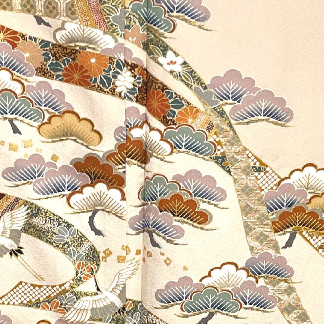 訪問着 袷 身丈152.5cm 裄丈64cm 惚色 京友禅 松 鶴 正絹 Sランク ピンク系 1112001902213