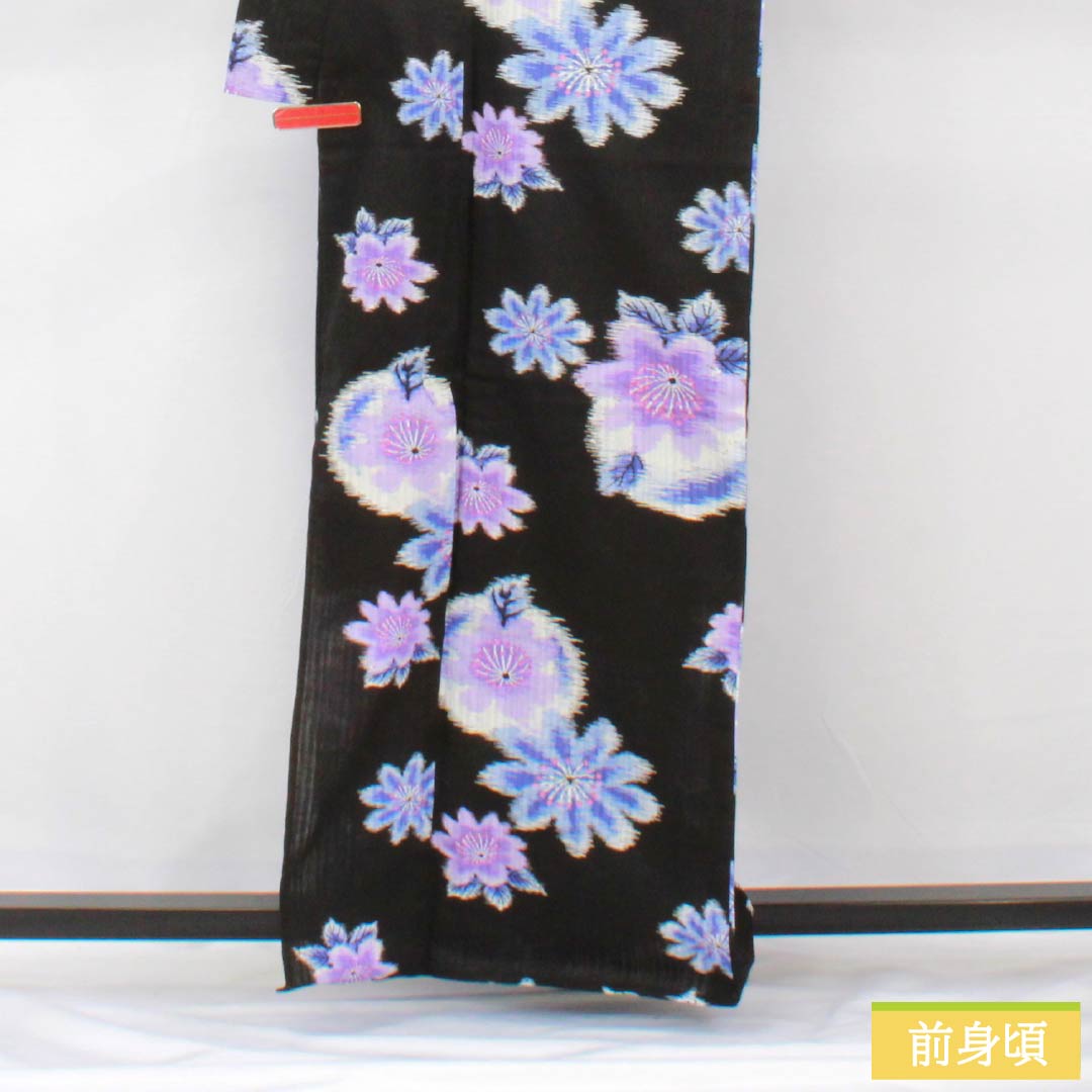 Cotton Yukata, Length 164.5cm, Sleeve Length 66.5cm, S Rank, Single Layer, Black, Abstract Floral Design, 1118005942410