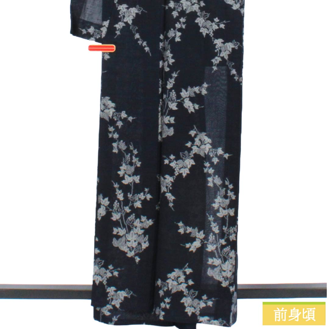 夏物 正絹 紬 Aランク 身丈162cm 裄丈66cm 濃紺色（のうこんいろ） 草木 紗 紺系 1132004983418