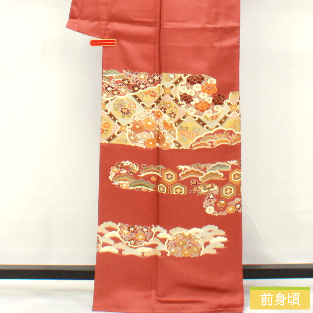 色留袖 正絹 身丈166cm 裄丈65cm 袷 紅唐色（べにとういろ） 京友禅 格天井 宝尽くし 一つ紋 左離れ立葵 Aランク 朱系 1111001563516