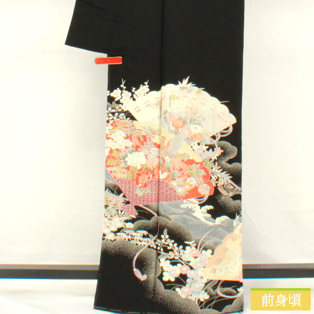 Black formal kimono, pure silk, length 164.5cm, sleeve length 63cm, lined, Kyoto yuzen, wave, fan, plum, five crests, five-three paulownia, A rank, black, 1111001523410