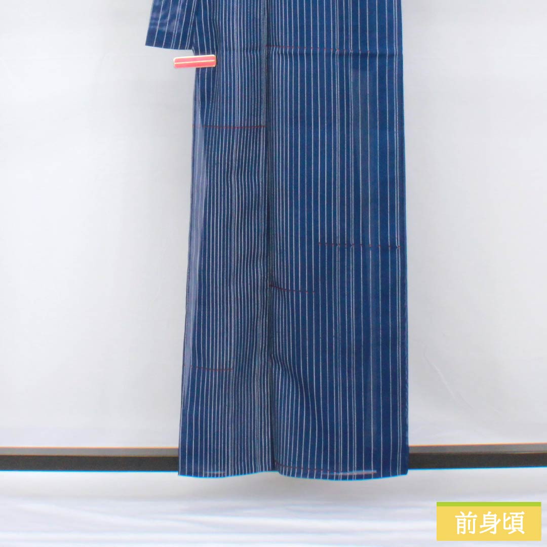 Summer kimono, polyester, small pattern, length 158cm, sleeve length 63.5cm, navy blue, striped, line pattern, washable kimono, silk, A rank, blue 1132001963317