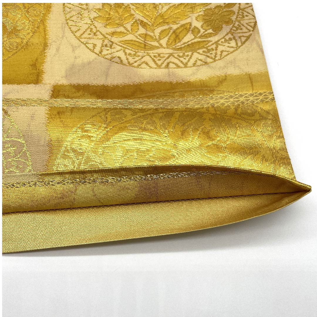 袋帯 薄卵色（うすたまごいろ） 市松模様 花丸模様 帯丈424cm 正絹 Sランク 六通 セミフォーマル 黄系 1123006622323