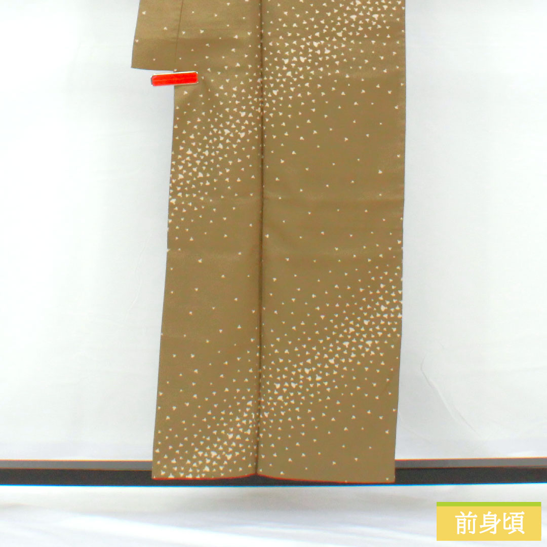 小紋 ポリエステル 身丈156cm 裄丈66.5cm 袷 古茶色（ふるちゃいろ） 洗える着物 扇 Sランク 緑系 1115004602319
