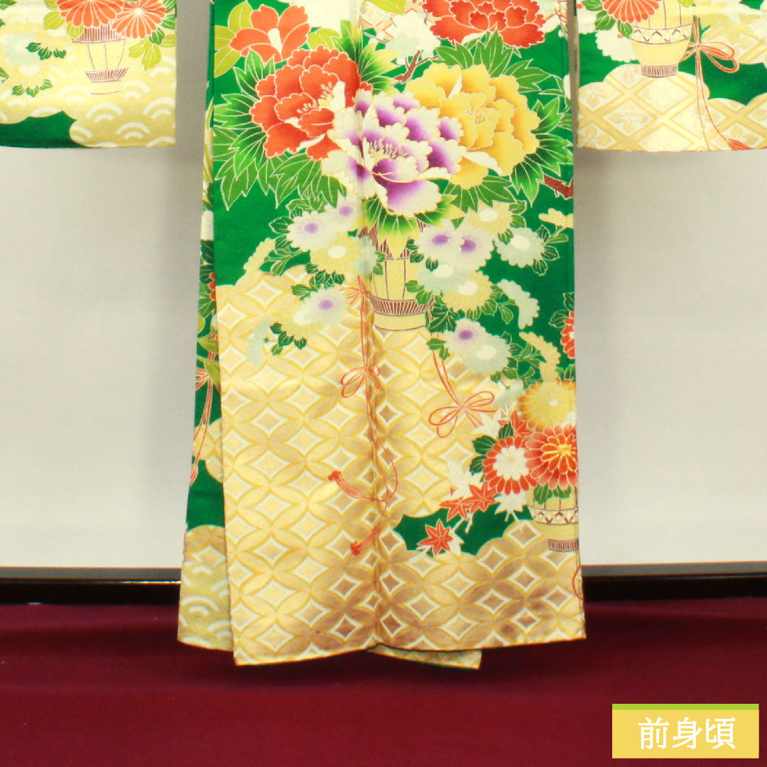 振袖 正絹 身丈161.5cm 裄丈65cm 袷  濡葉色 京友禅 吉祥文様  Aランク 緑系 1113001973419