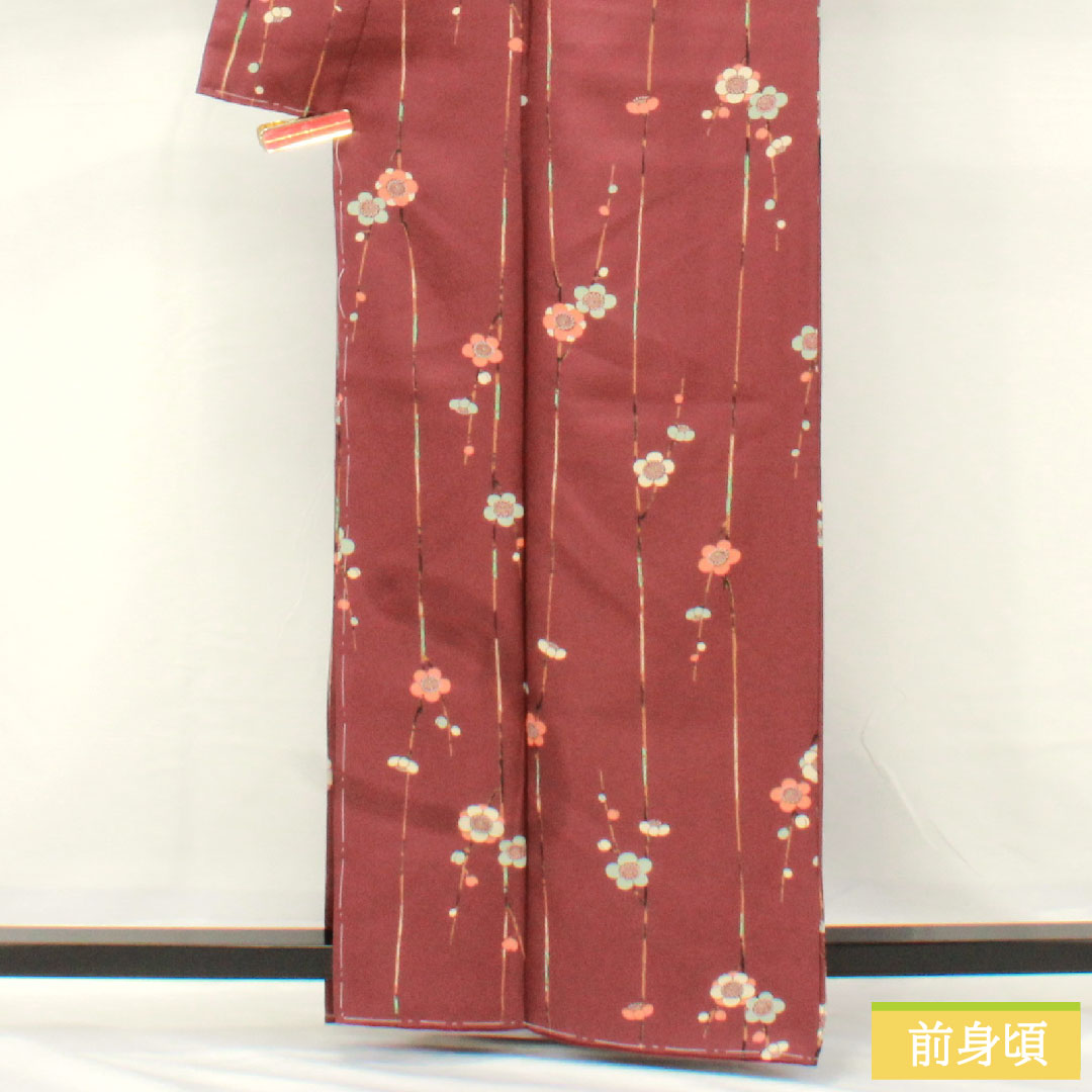 小紋 ポリエステル 身丈162cm 裄丈65.5cm 袷 紫土色（しどいろ） 洗える着物 梅 しつけ糸付き Aランク 紫系 1115004853420