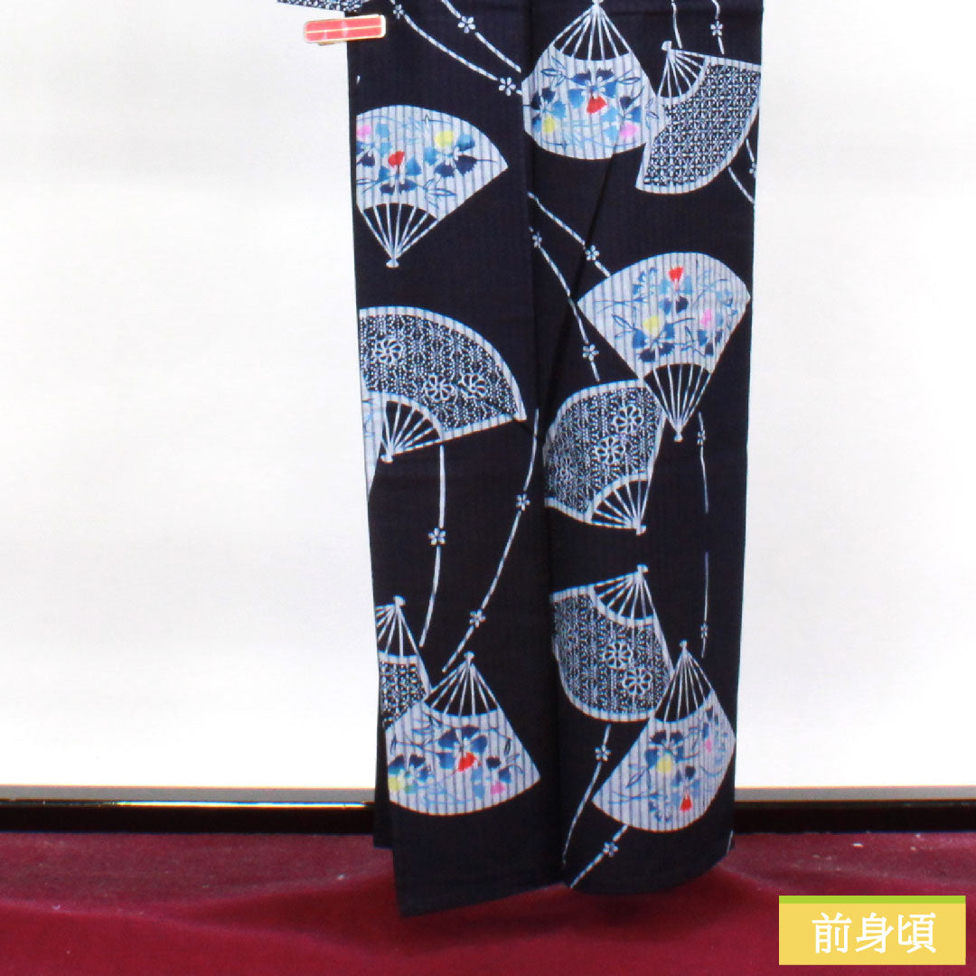 浴衣 木綿 身丈160cm 裄丈65.5cm Sランク 単衣 紺系 濃紺色（のうこんいろ） 扇子 草花模様  1118004522418