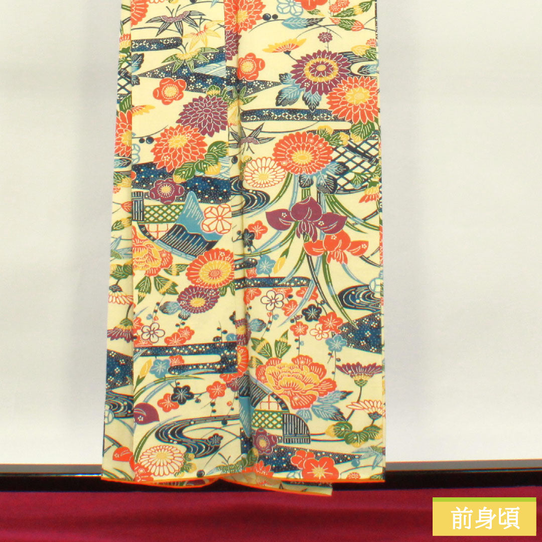 小紋 正絹 身丈155cm 裄丈62.5cm 袷 淡黄蘗色（うすきはだいろ） 京紅型 紬地 草花模様 Sランク クリーム系 1115004352315