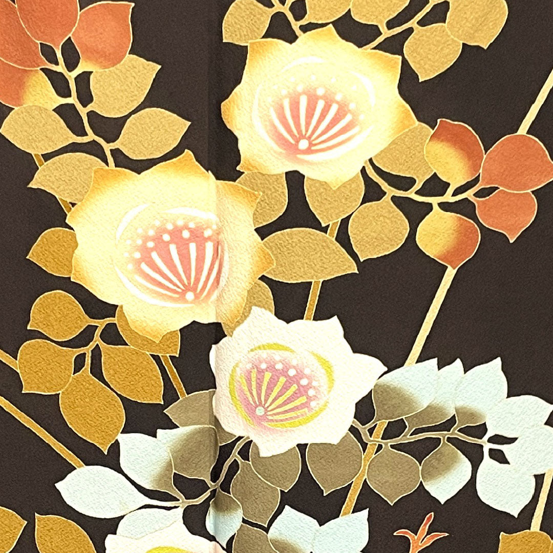 訪問着 袷 身丈161cm 裄丈70cm 黒鼠色 手描き友禅 草花模様 正絹 Sランク 黒系 1112001762410