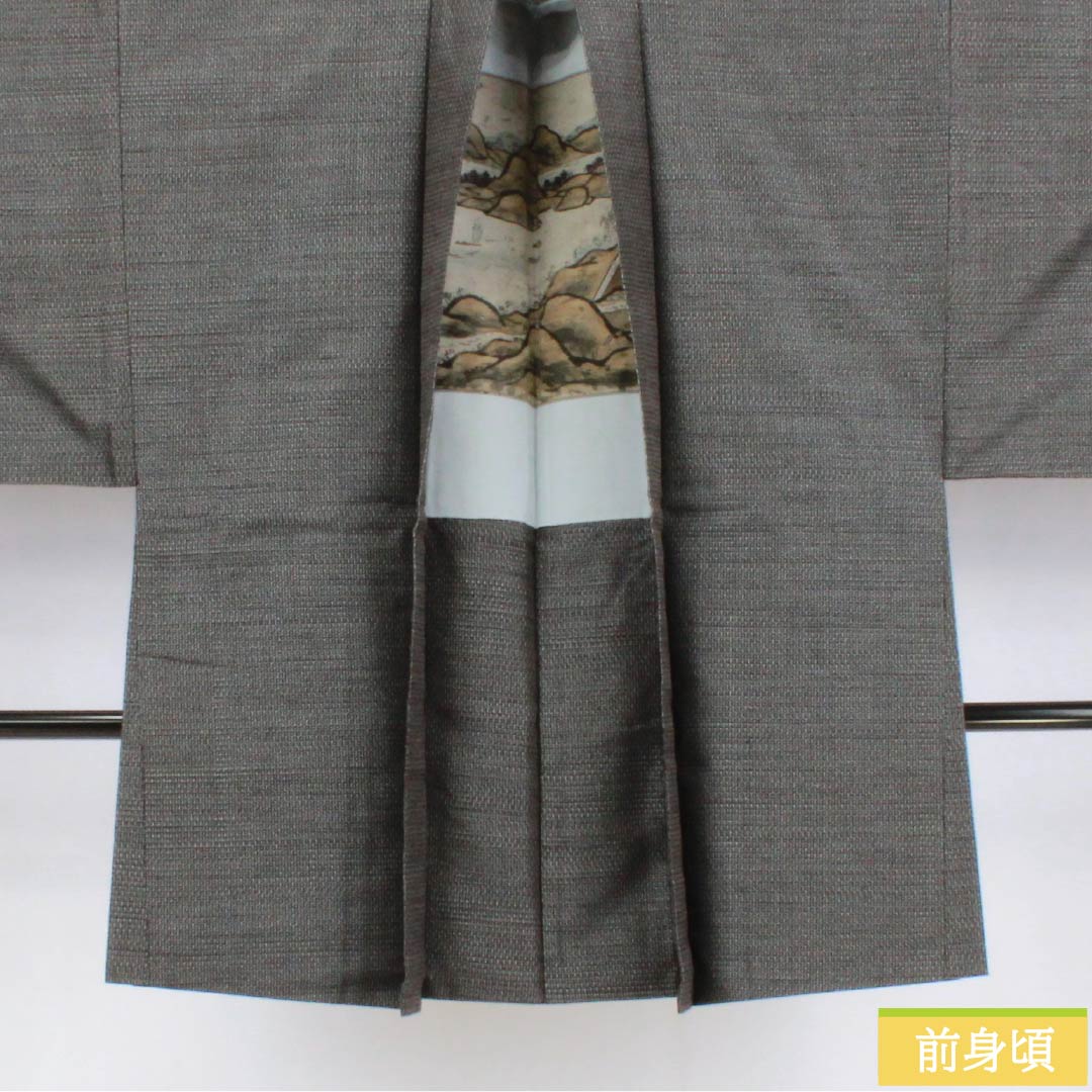 正絹　紋紗　立涌紋　いしき宛　身丈156.5㎝　ふくよかサイズ　涼しげブラック 小紋 身丈167cm 裄丈66cm M 袷 紬地 落款あり 草花 縞 灰茶 正絹