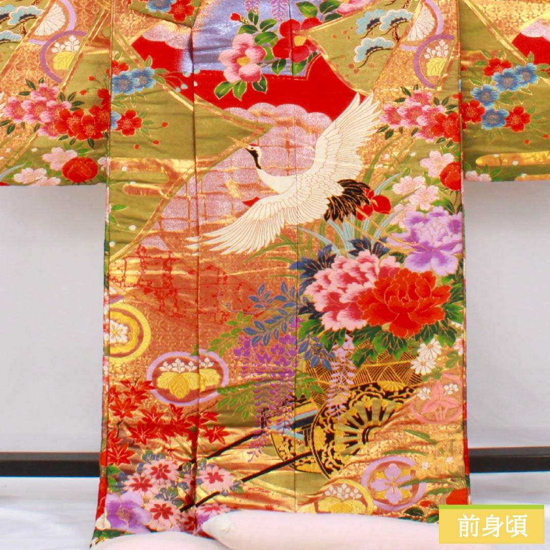 色打掛 正絹 Sランク 身丈191cm 裄丈64cm 赤色（あかいろ） 唐織 吉祥文様 鶴 花車 袷 赤系 1110001062912