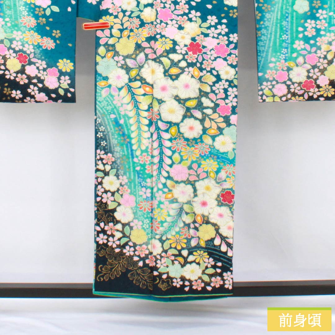 リサイクル着物】振袖 正絹 Sランク 身丈154cm 裄丈68cm 袷 孔雀青色