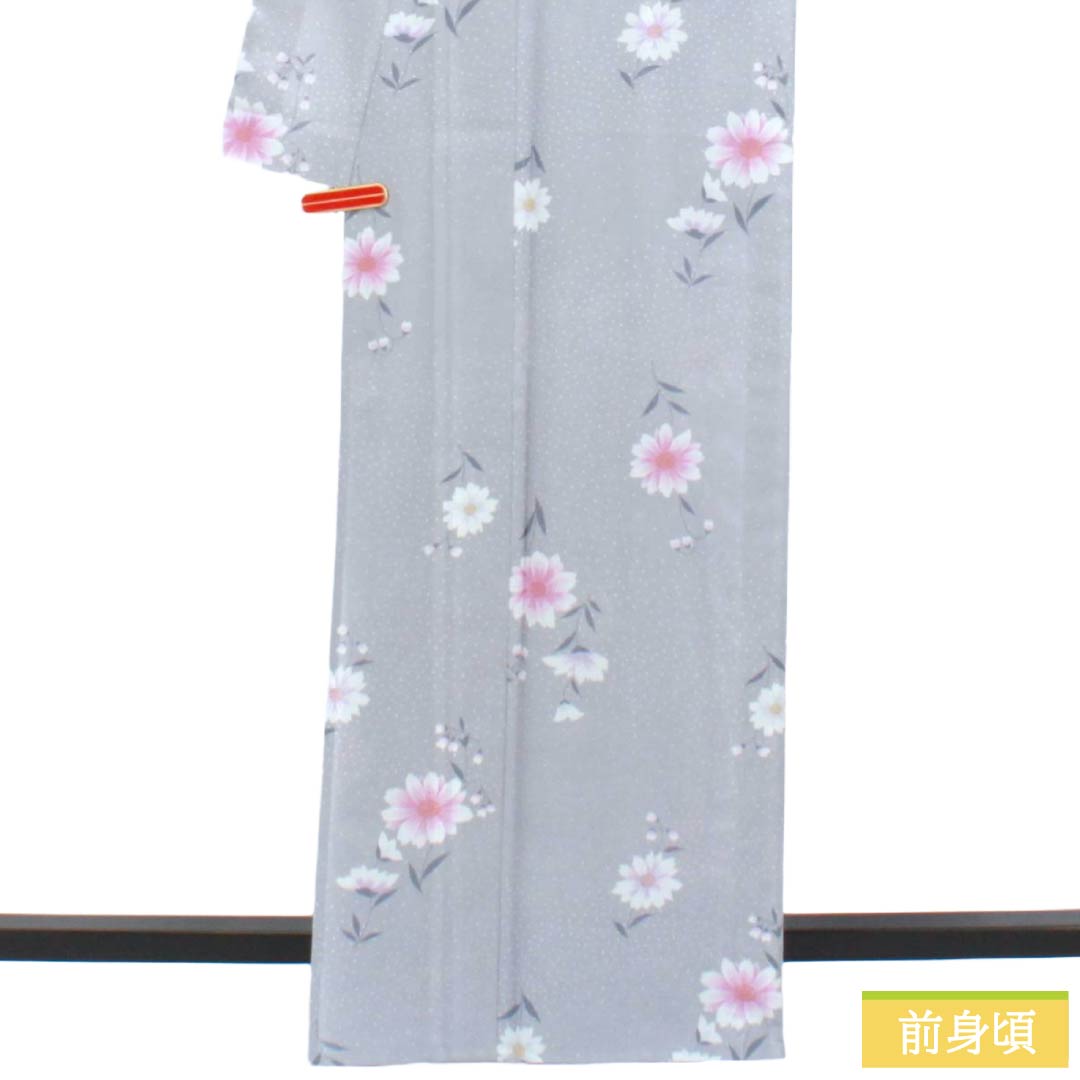 夏物 ポリエステル 小紋 Sランク 身丈164.5cm 裄丈66cm 水銀色（すいぎんいろ） 花柄 洗える着物 絽 グレー系 1132003592422