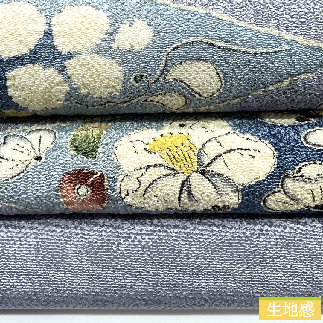 名古屋帯 青袋鼠色（せいたいねずいろ）辻ヶ花 松皮菱 ちりめん地 帯丈364cm 正絹 Aランク ポイント柄 カジュアル 青系 1124006223317 開き仕立て