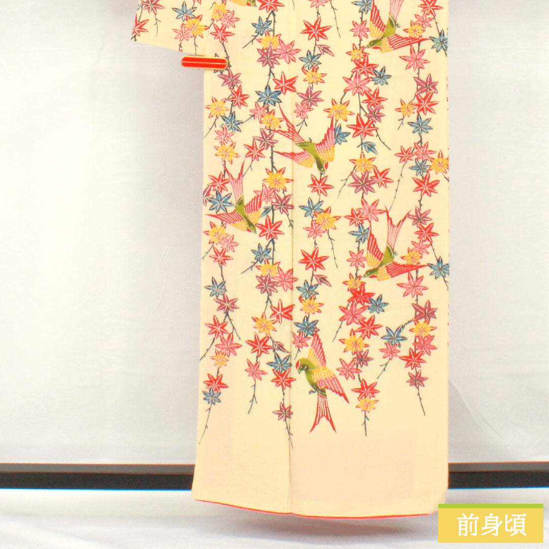 訪問着 正絹 袷 身丈158.5cm 裄丈65cm 密陀僧色（みつだそういろ） 京紅型 紅葉 鳥 Aランク クリーム系 1112005943315