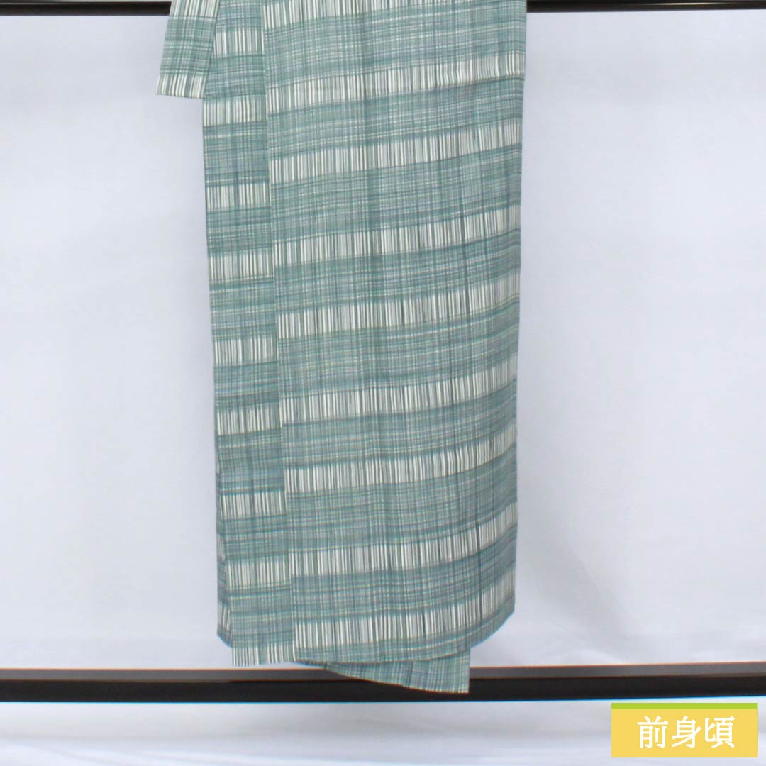 男物長襦袢 正絹 Sランク 身丈151cm 裄丈69cm 藍砥茶色（あいとのちゃいろ） チェック柄 単衣 水色系 1140000632524