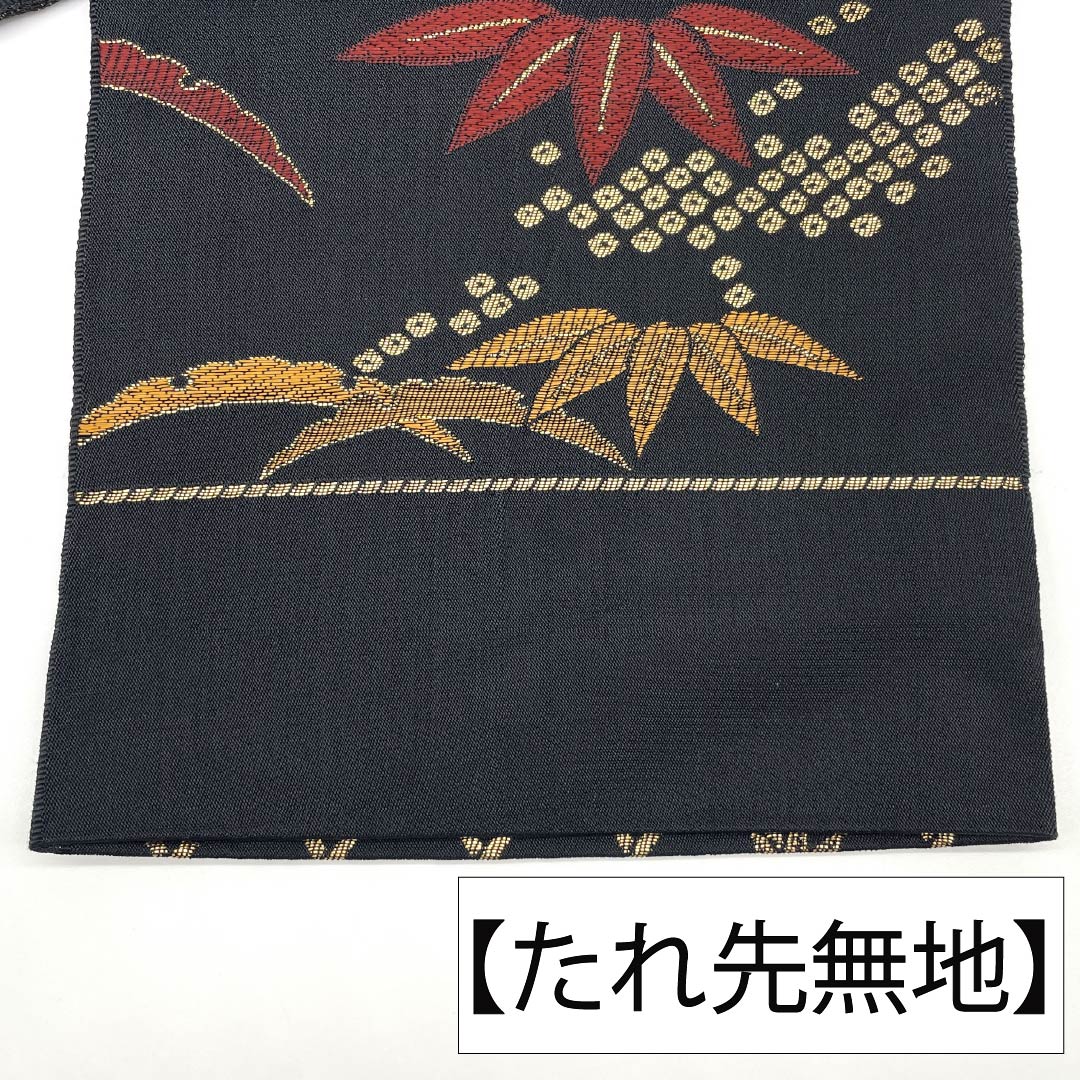 【未仕立】半幅帯 ポリエステル Aランク 黒色（くろいろ） 古典柄 笹 芝草 籠目 帯丈422cm 黒系 1125003363410