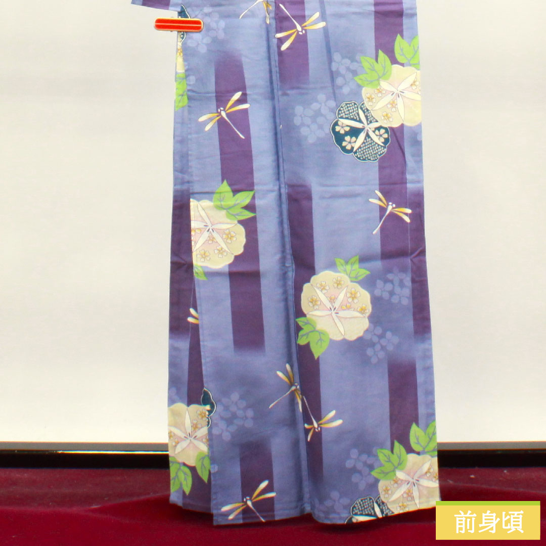 Yukata Cotton Length 162.5cm Sleeve length 63.5cm S rank Single layer Purple Red-green Dragonfly Morning glory 1118004762420