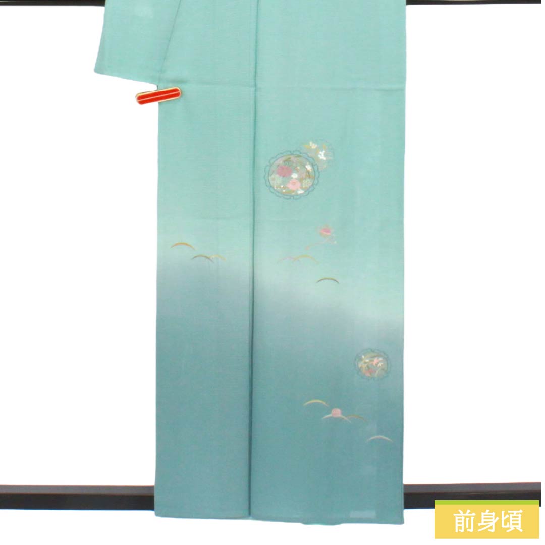 夏物 正絹 付下げ Aランク 身丈157.5cm 裄丈62.5cm 薄水色（うすみずいろ） 蘇州刺繡 雪輪 一つ紋 絽 水色系 1132007223324
