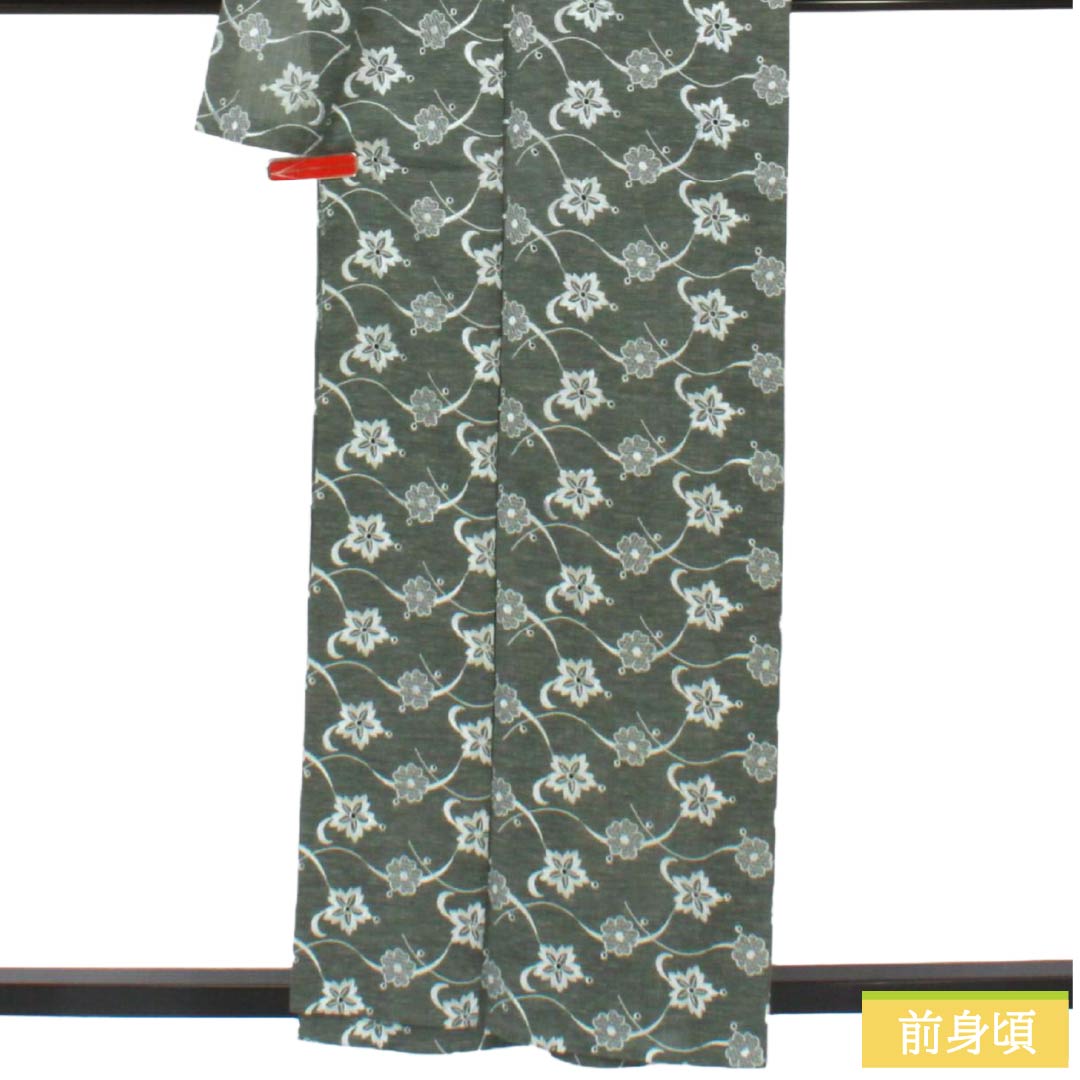 夏物 ポリエステル 小紋 Aランク 身丈159.5cm 裄丈68.5cm 青柳鼠色（あおやぎねずいろ） 刺繍 花柄 紗 緑系 1132006253319