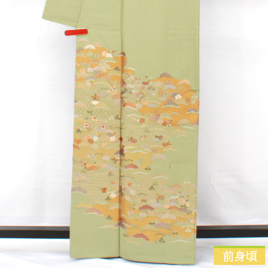 色留袖 正絹 身丈163cm 裄丈67cm 袷 薄柳色（うすやなぎいろ） 蘇州刺繡 丹後ちりめん 吉祥文様 三つ紋 丸に下り藤 Sランク 緑系 1111001682419