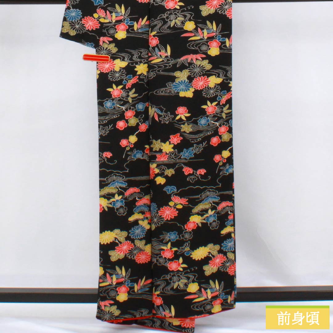 小紋 正絹 Sランク 身丈158.5cm 裄丈65.5cm 袷 型染 松竹梅 菊 黒系 1115006872310