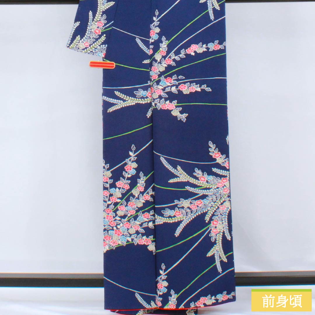 小紋 正絹 Sランク 身丈159.5cm 裄丈63cm 袷 紺色（こんいろ） 型染 草花模様 紺系 1115006842318
