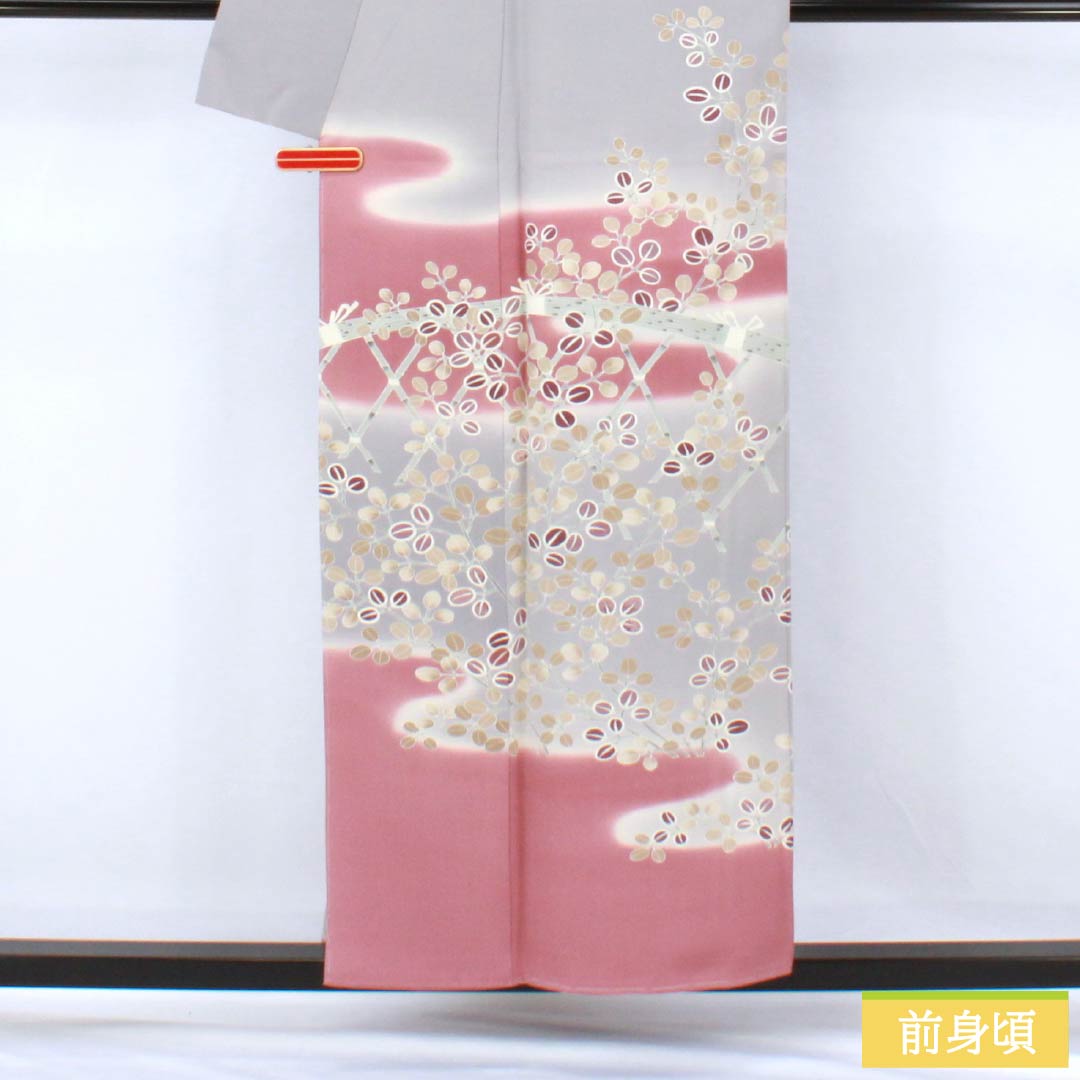 訪問着 正絹 Bランク 袷 身丈154cm 裄丈64.5cm 鈍紫色（にぶむらさきいろ） 一つ紋 中陰五三桐 京友禅 霞 萩 紫系 1112007244220