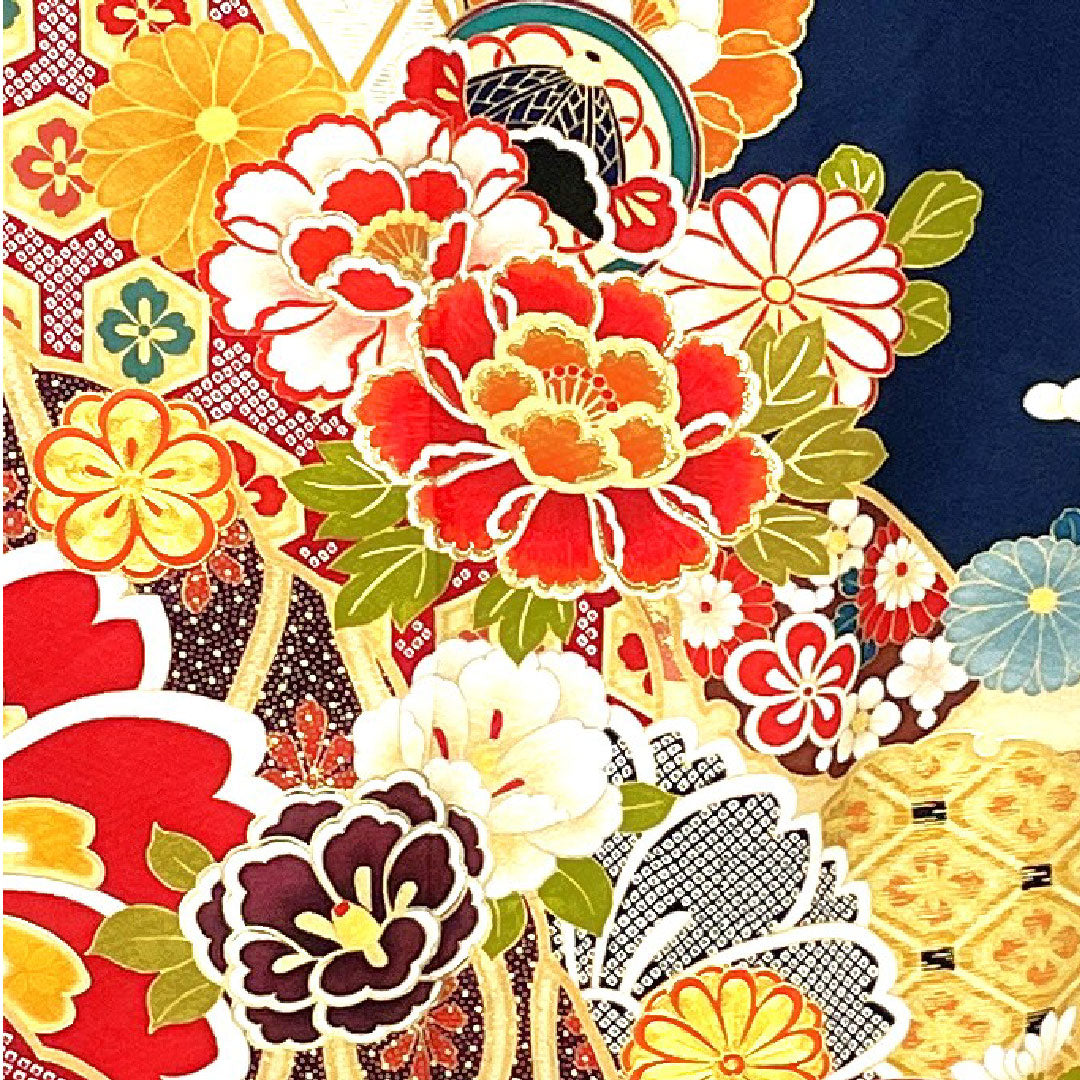 振袖 身丈170cm 裄丈68cm 袷  京友禅 熨斗に花模様 正絹 Sランク 紺系 1113000532618