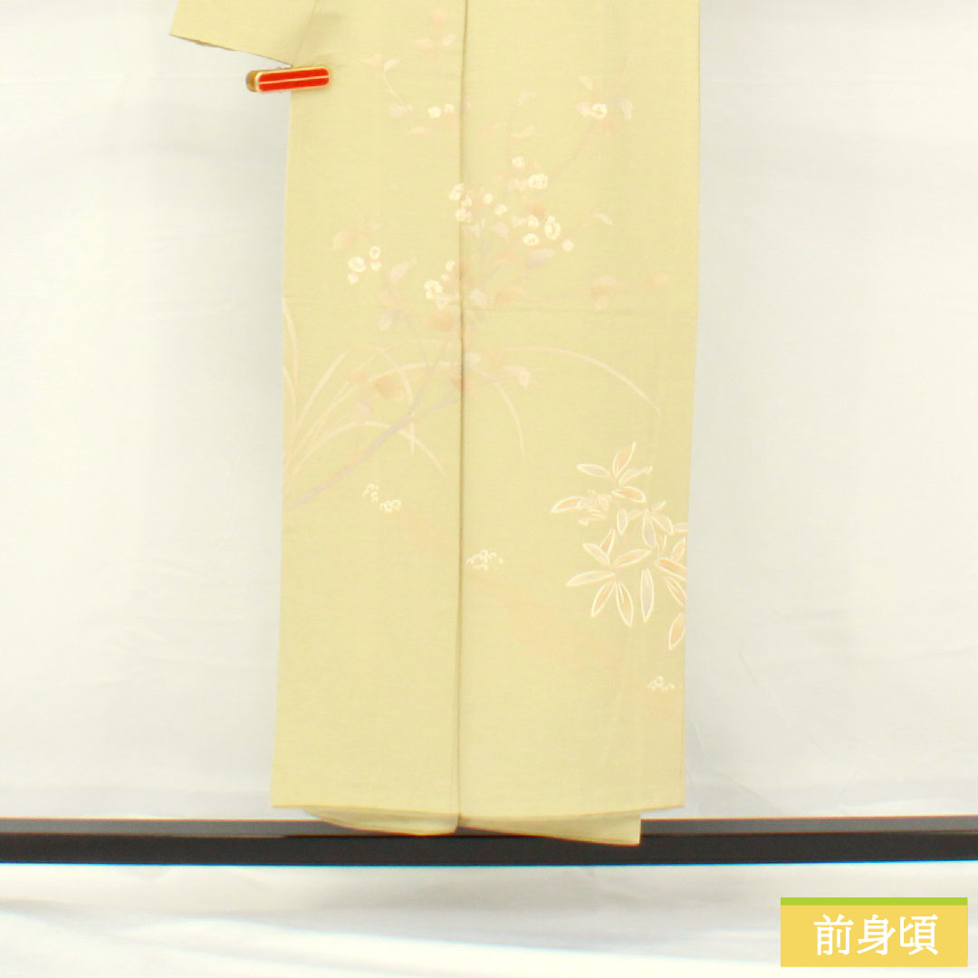 訪問着 正絹 袷 身丈151cm 裄丈61cm 硫黄色）いおういろ） 京友禅 草花模様 一つ紋 三ツ割藤 Aランク 緑系 1112005593219