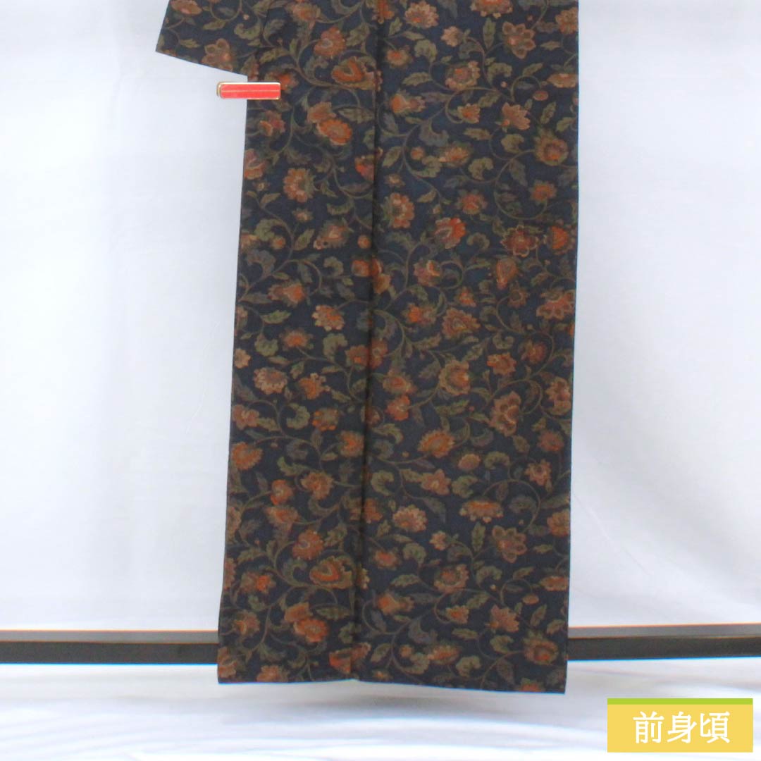 小紋 正絹 身丈160cm 裄丈63cm 袷 濃紺色（のうこんいろ） 更紗模様 Sランク 紺系 1115005282418
