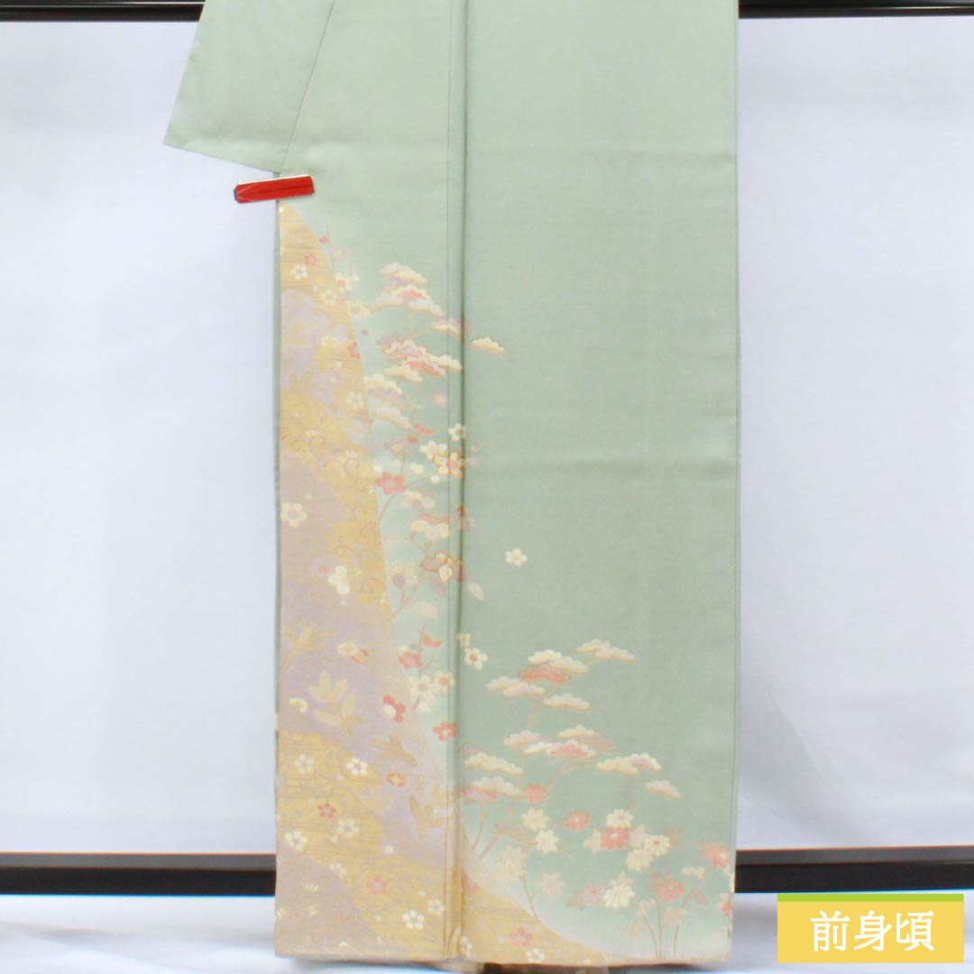 訪問着 正絹 Sランク 袷 身丈161cm 裄丈64cm 百緑色（びゃくろくいろ） 京友禅 草花 三松シルクケア 緑系 1112006222419