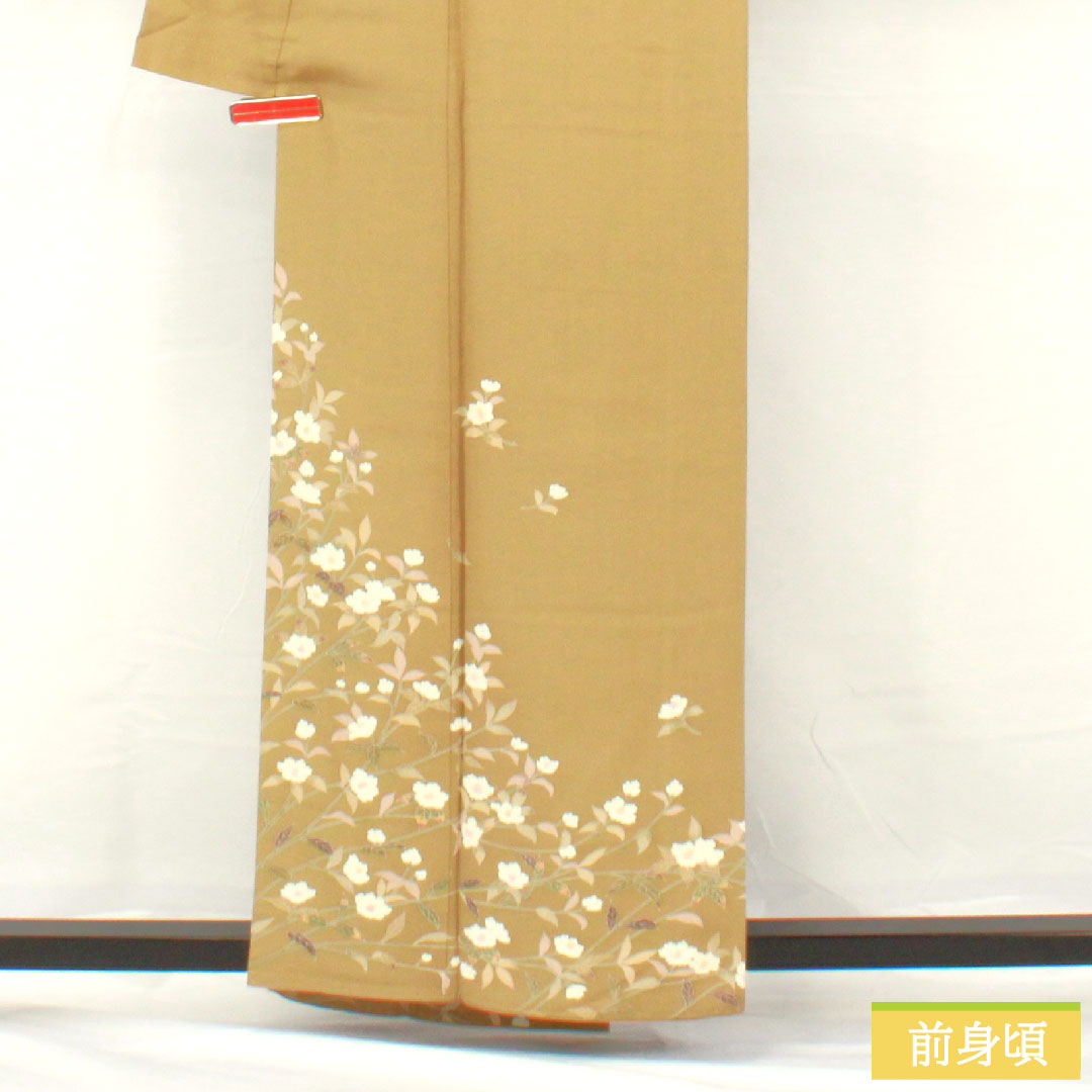 訪問着 正絹 袷 身丈159cm 裄丈62cm 楊梅色（やまももいろ） 京友禅 山茶花 Sランク 黄系 1112005232323