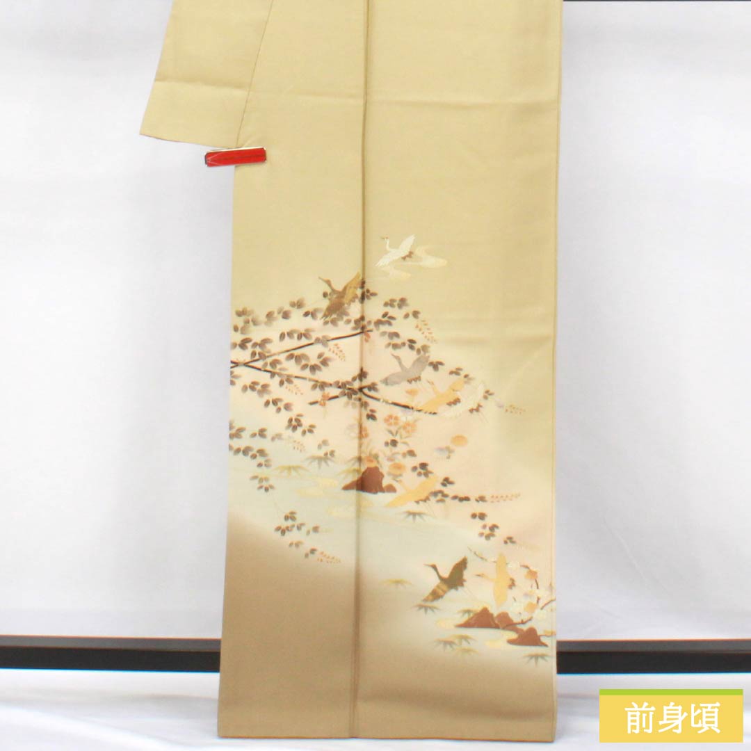 訪問着 正絹 Bランク 袷 身丈165.5cm 裄丈67cm 淡黄蘗色（うすきはだいろ） 金彩 流水 鶴 黄系 1112006904523