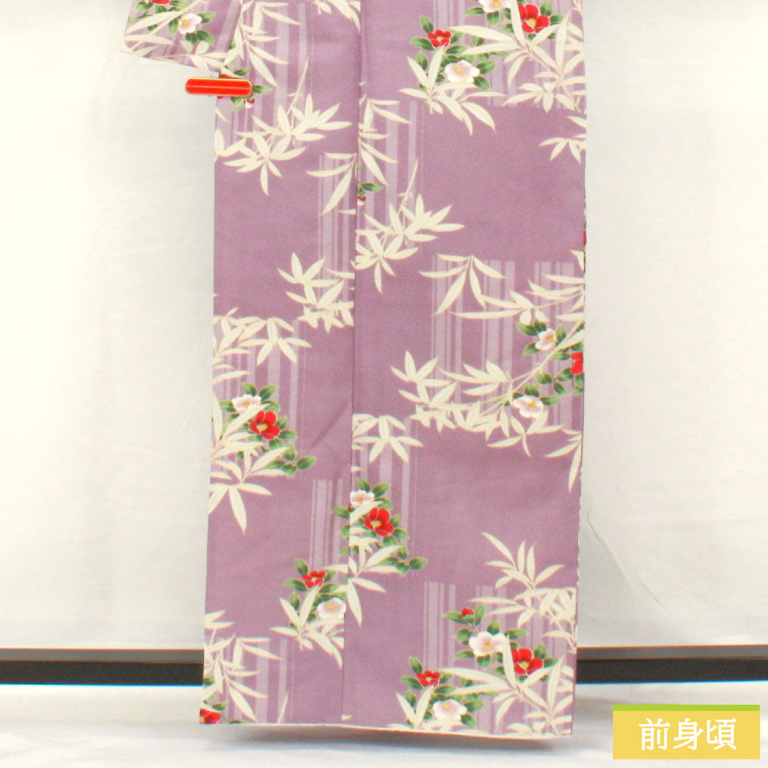 小紋 ポリエステル 身丈162cm 裄丈66cm 袷 浅紫色（あさきむらさきいろ） 洗える着物 草花模様 Sランク 紫系 1115004822420