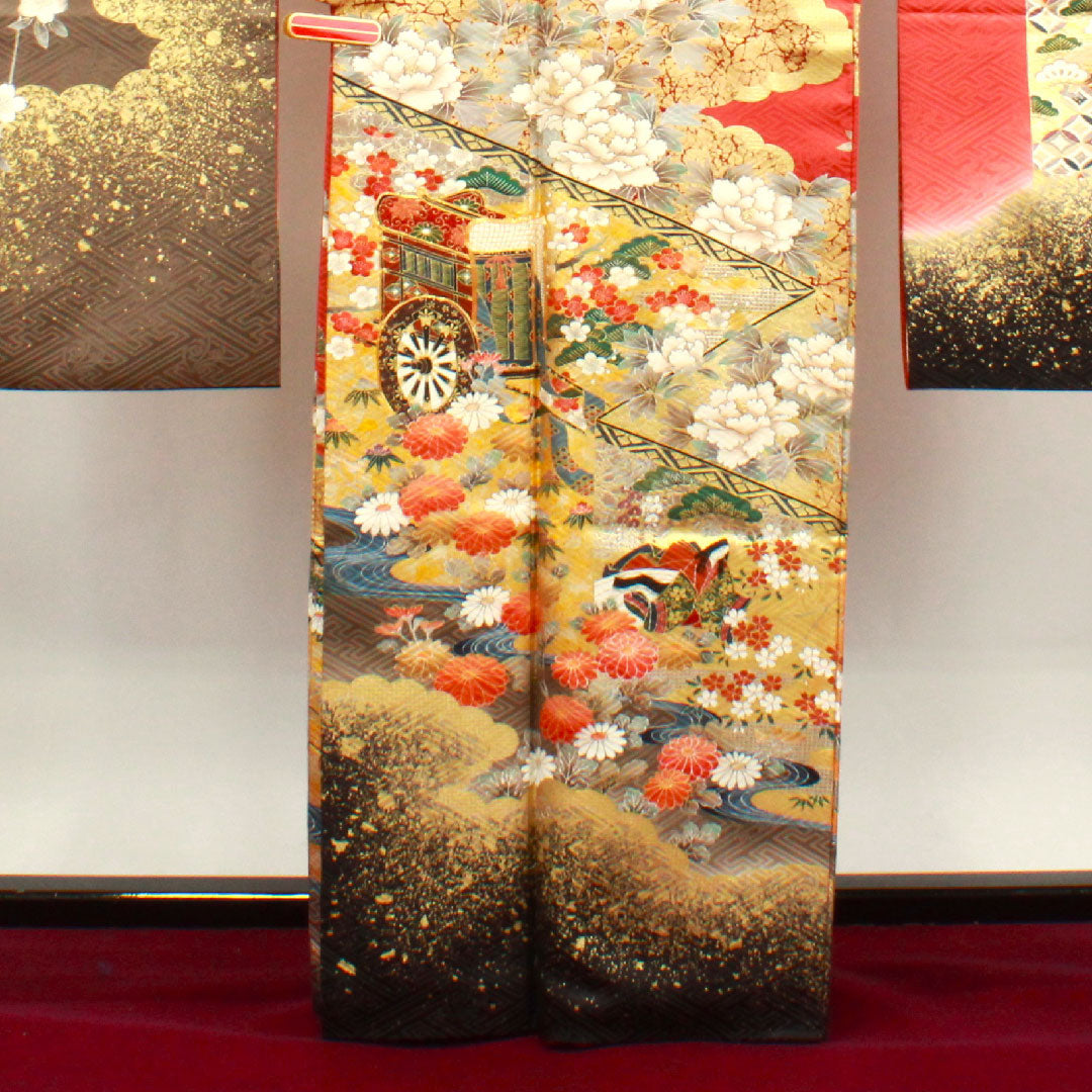振袖 身丈163.5cm 裄丈67.5cm 袷  甚三紅色 京友禅 御所車 吉祥文様 作家物  正絹 Aランク 朱系 1113001623416