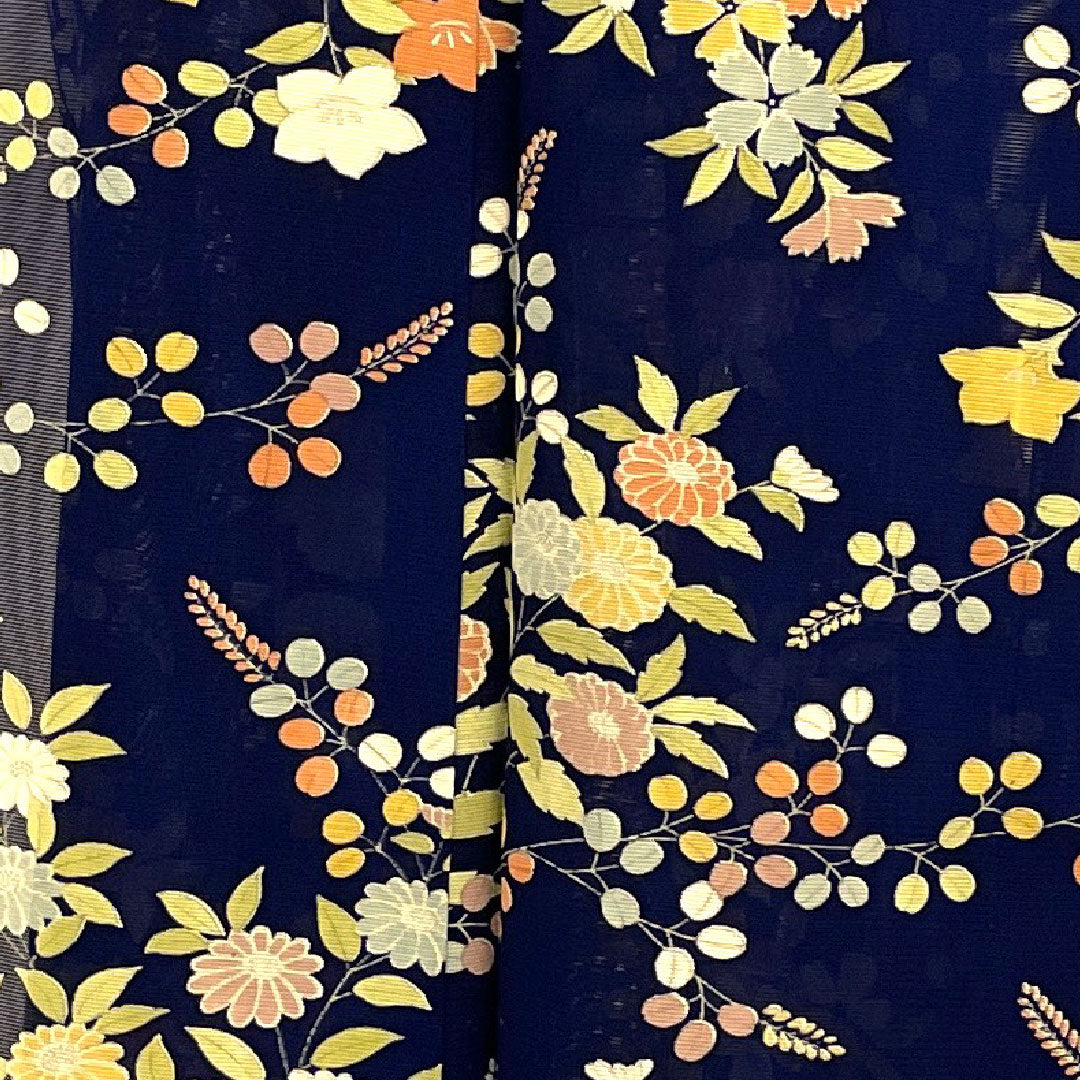 小紋 身丈159cm 裄丈62cm 絽  駒絽 花模様  正絹 Aランク 紺系 1115000743318