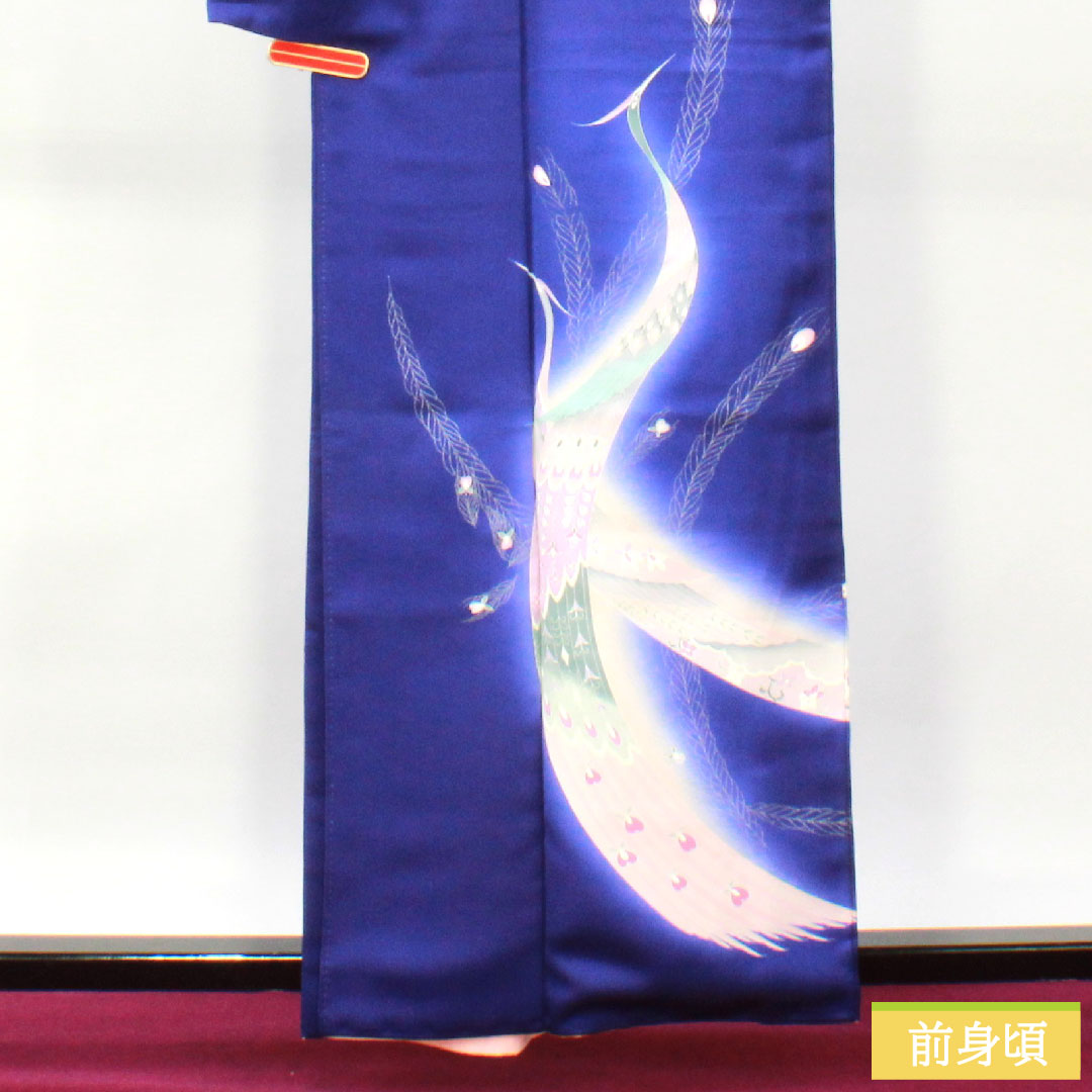 Homongi, pure silk, lined, length 161cm, sleeve length 65.5cm, bellflower color, Kyoto Yuzen, peacock, A rank, navy blue, 1112004353418