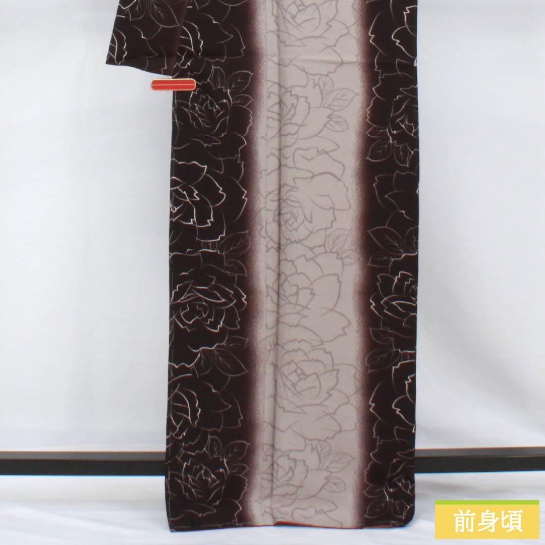 小紋 ポリエステル 身丈167.5cm 裄丈67.5cm 袷 褐色（かちいろ） 小町鼠色（こまちねずいろ） 洗える着物 薔薇 しつけ糸付き Sランク グラデーション系 1115005202599