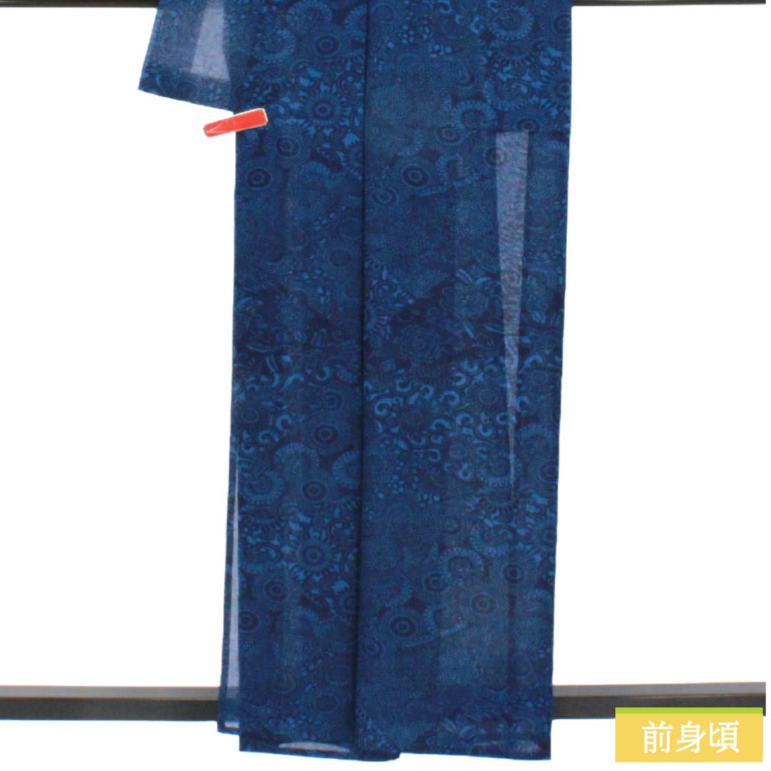 夏物 ポリエステル 小紋 Aランク 身丈155.5cm 裄丈64cm 紺桔梗色（こんききょういろ） 洗える着物 菊 唐草 紗 紺系 1132005973318