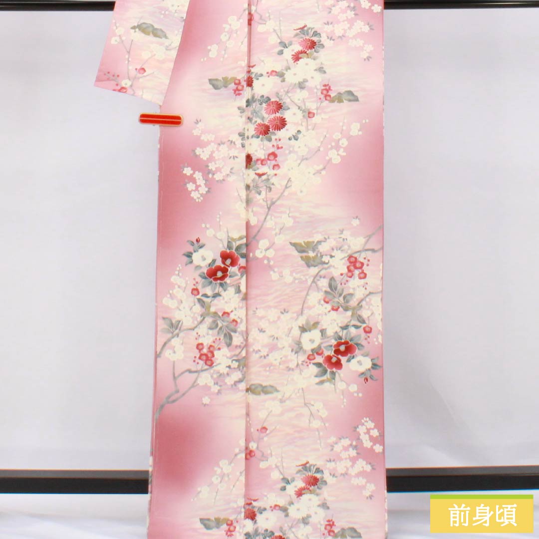 小紋 正絹 Sランク 身丈163cm 裄丈68cm 袷 一斤染色（いっこんぞめいろ） 京友禅 草花 しつけ糸付き ピンク系 1115007132413
