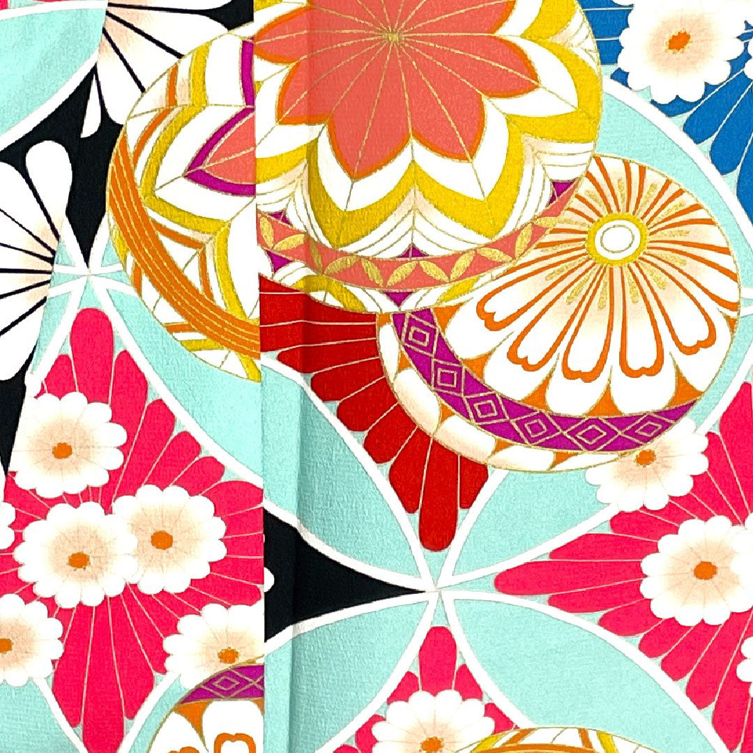 振袖 身丈170.5cm 裄丈70cm 袷  薄水色 洗える着物 鞠 七宝  ポリ Sランク 青系 1113001172617