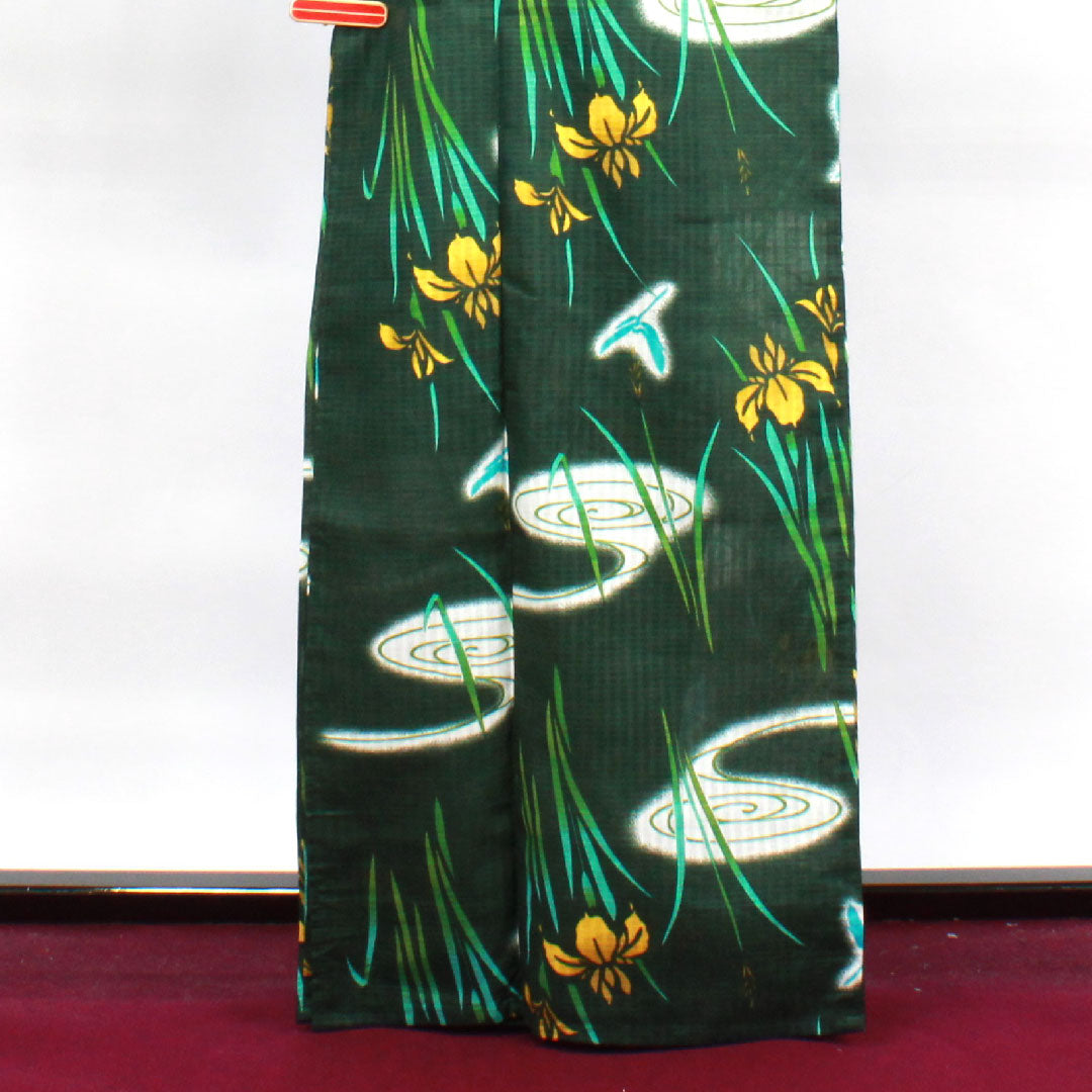 浴衣 黒緑色 菖蒲 トンボ 木綿 Sランク 単衣 身丈165.5cm 裄丈67.5cm 緑系 1118003832519