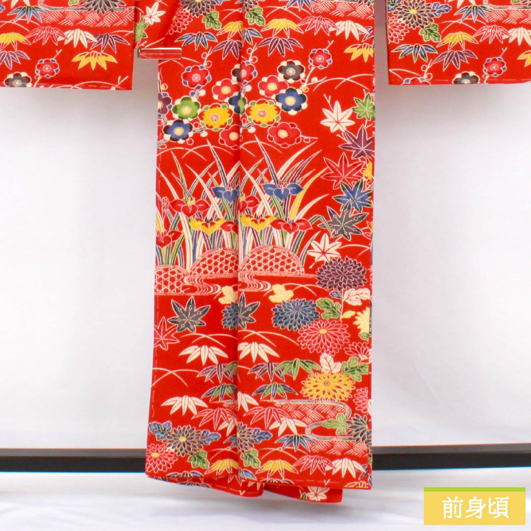 Furisode (long-sleeved kimono) made of pure silk, grade A, length 158.5cm, sleeve length 66cm, lined, red, Kyoto Bingata pattern, auspicious motifs of plum blossoms, irises, and flowing water, red tones, product number 1113002633312