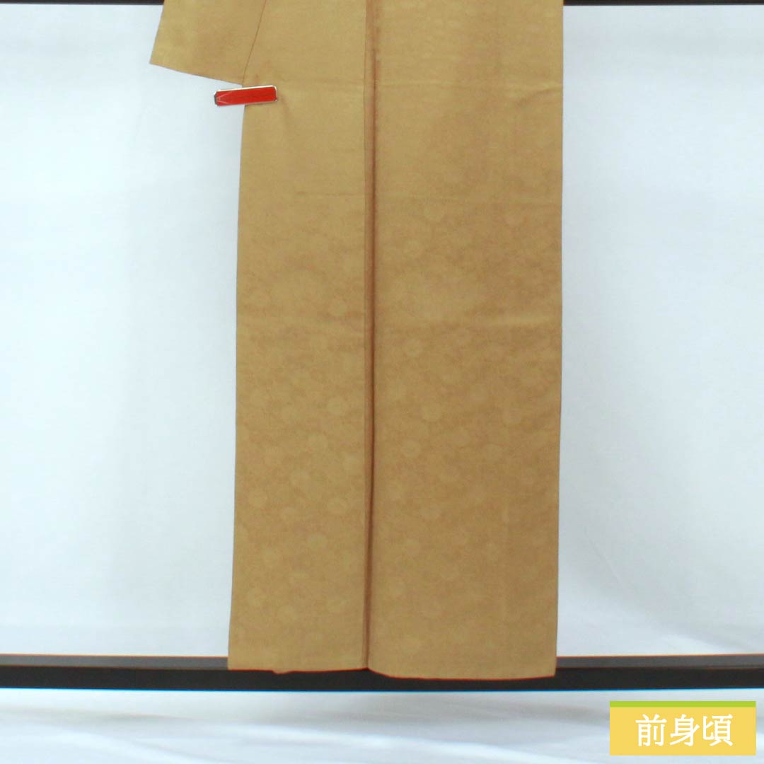 Solid-colored silk kimono, S rank, length 154cm, sleeve length 64cm, hibiscus-brown (hiwachairo) color, single crest (kikyo) with sewn crest, lined, green, 1114002432219