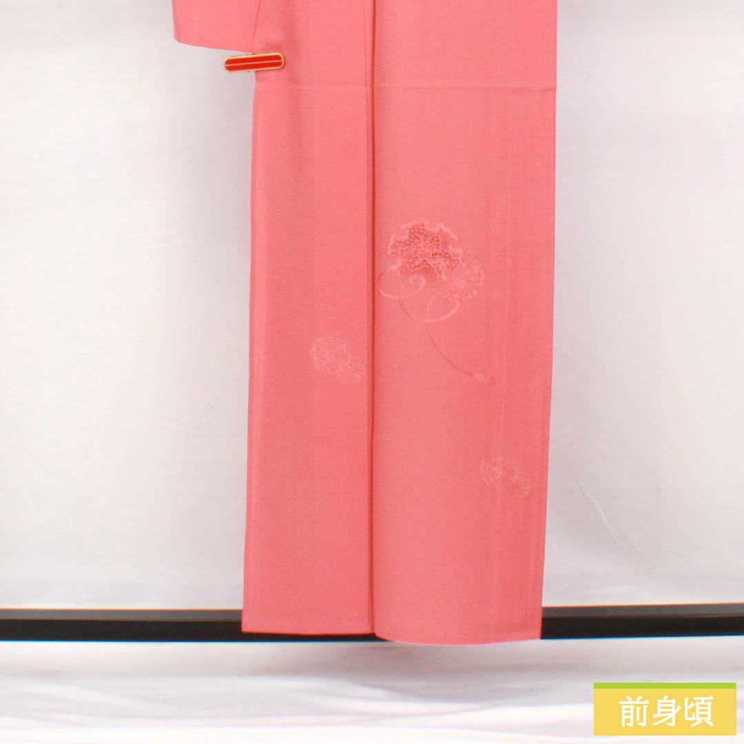 夏物 正絹 訪問着 身丈157cm 裄丈64.5cm 紅梅色（こうばいいろ） 汕頭刺繍 雪輪 付下げ 絽 Sランク ピンク系 1132002012313