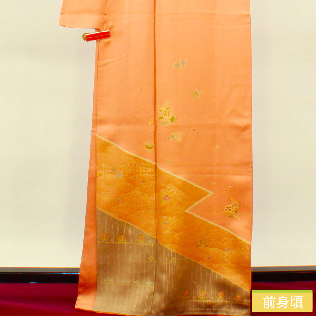 Homongi, pure silk, lined, length 165.5cm, sleeve length 66.5cm, vermilion, Kyoto Yuzen, auspicious motif, A rank, orange, 1112004623526