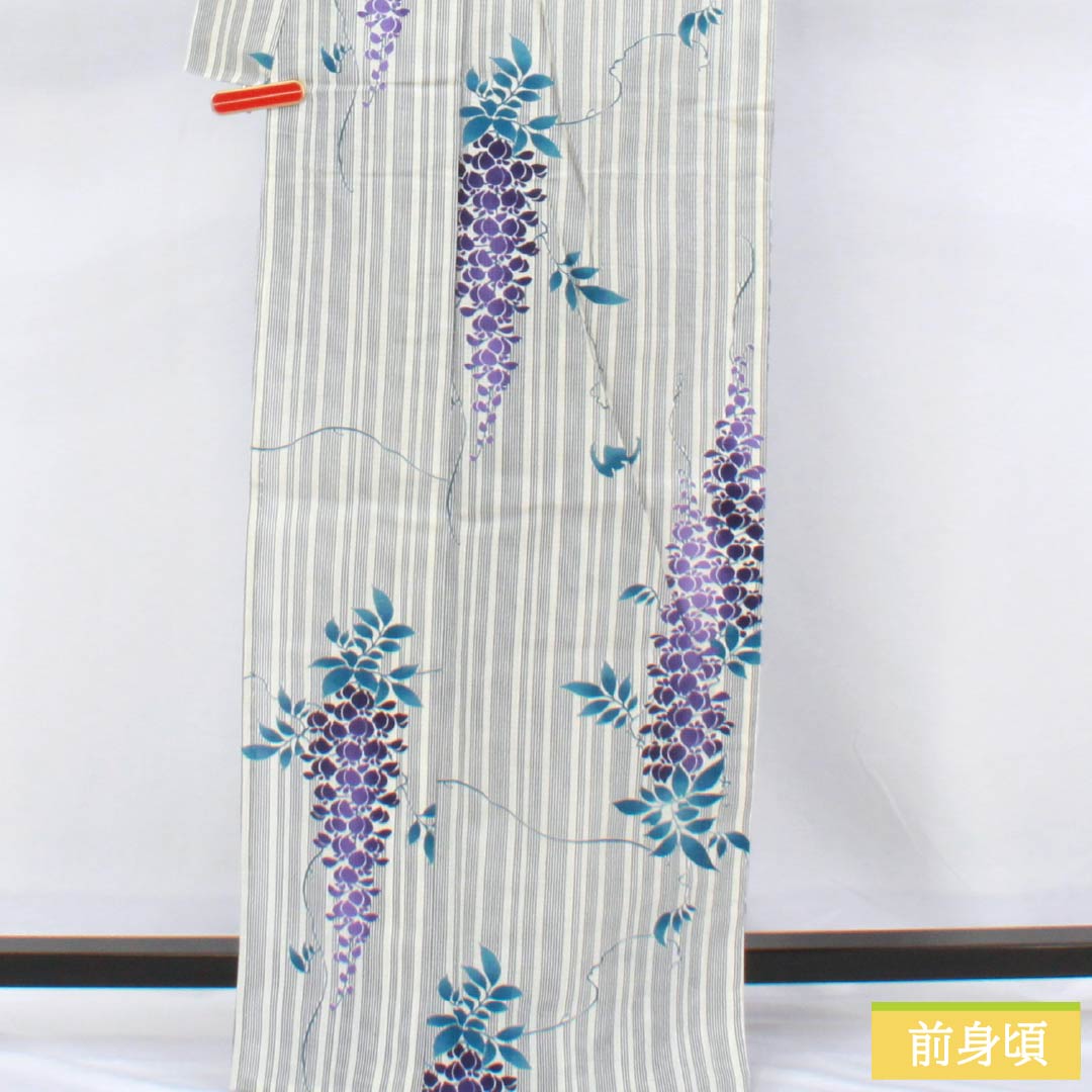 Cotton Yukata, Length 166cm, Sleeve Length 66.5cm, S Rank, Single Layer, White with Wisteria Stripes, 1118006692511