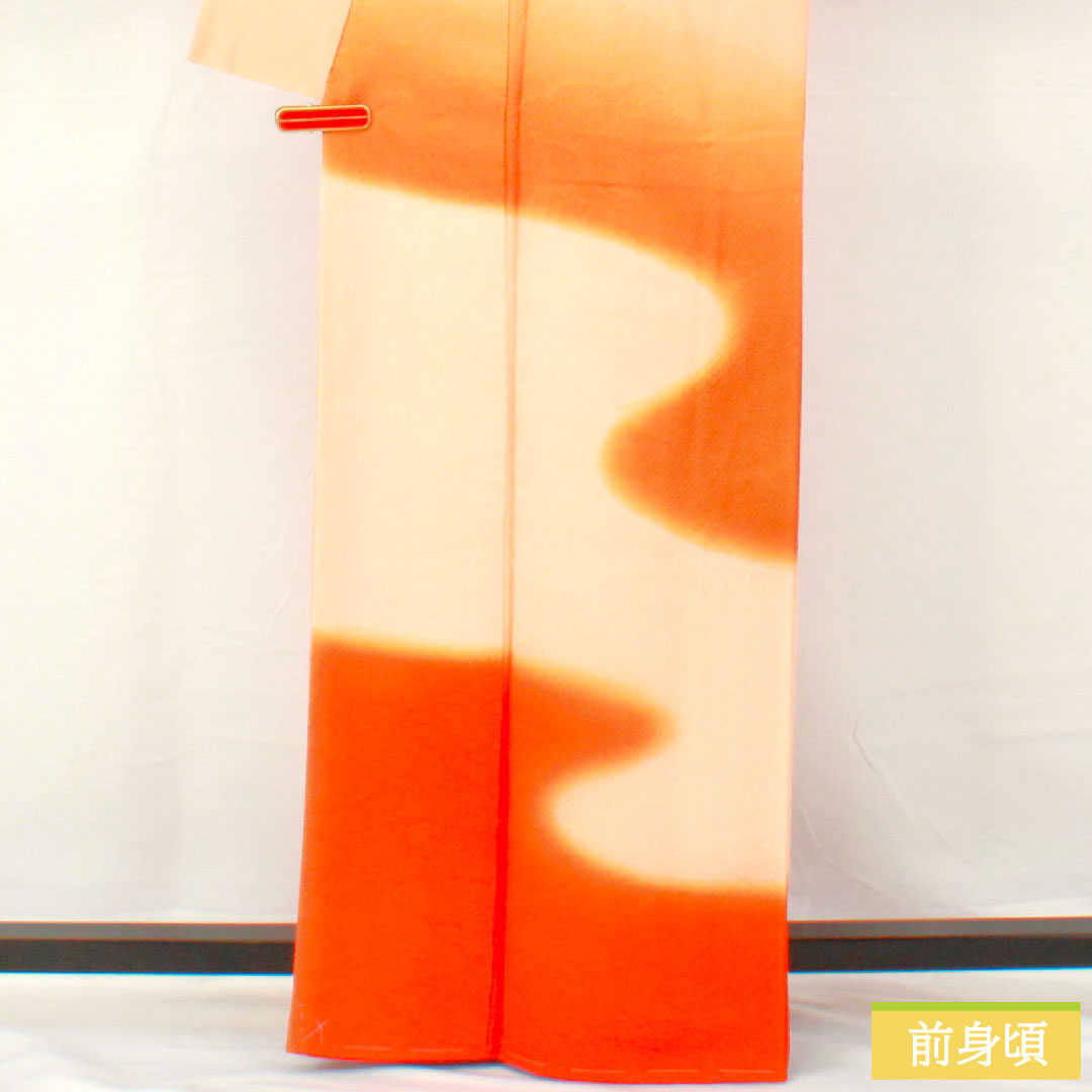 Plain color, pure silk, length 164cm, sleeve length 64.5cm, vermilion color, blurred pattern, lined, S rank, orange, 1114001562426